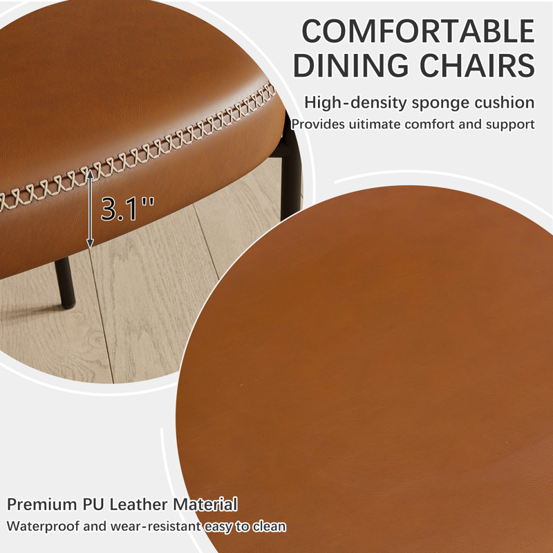 Mid Century Modern Faux Leather Upholstered Dining Side Chairs With Curved Rattan Back,Camel, Brown, 6
