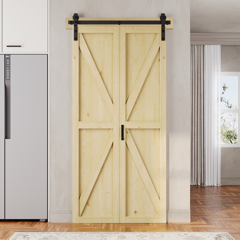 84" H Pine Solid Core Wood Unfinished K Bi-Fold Barn Door With Installation Hardware Kit, 40" x 84"