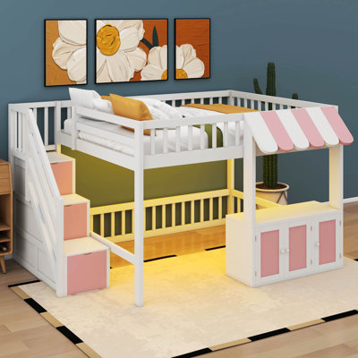 Lit mezzanine avec escalier de rangement à DEL, armoires, garde-corps, peu encombrant, pour chambre à coucher, aire de jeu, salle commune, espace multifonctionnel