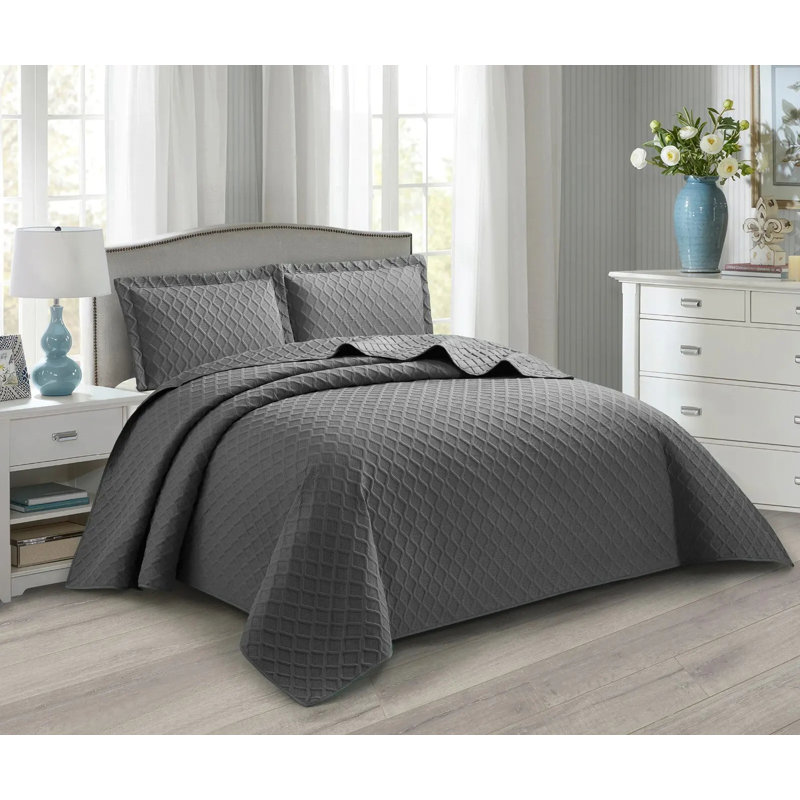 Polyester Solid Colour Bedspread with Pillow Shams Included, Double Bedspread + 2 Standard Pillowcases, Grey