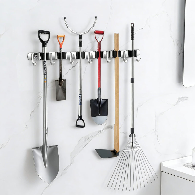 Support mural robuste pour balai et vadrouille avec 4 supports et 5 crochets, rangement pour outils en acier inoxydable pour le garage, la salle de lavage et le rangement pour le jardin