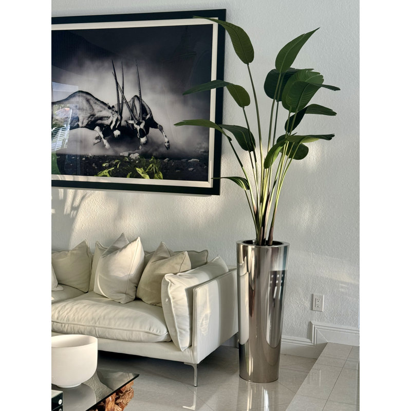 Faux Bird Of Paradise Tree in Metal Planter, 96" H x 40" W x 24" D, Silver
