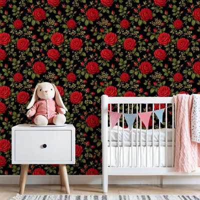 Peel and Stick Wallpaper Seamless floral red roses black Contact Paper Removable Self Adhesive Wall Mural Wall Decor for Bedroom Kitchen Cabinets 24in x 118in