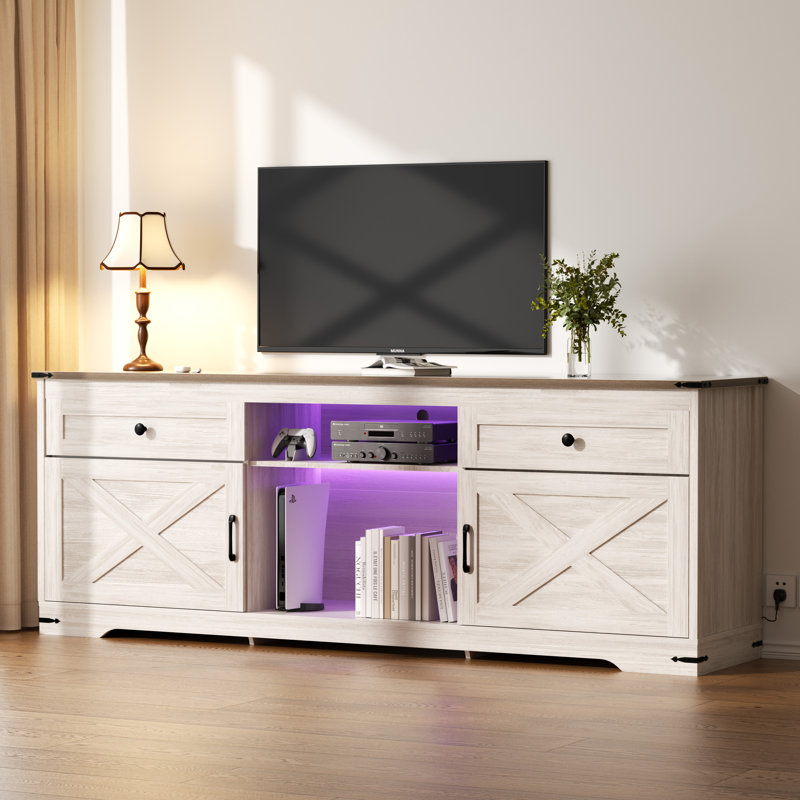 Tv Stand For 75 Inch Tvs, Entertainment Center With Storage Cabinets, Power Outlet & Led Light, Media Tv Console With Barn Doors For Living Room