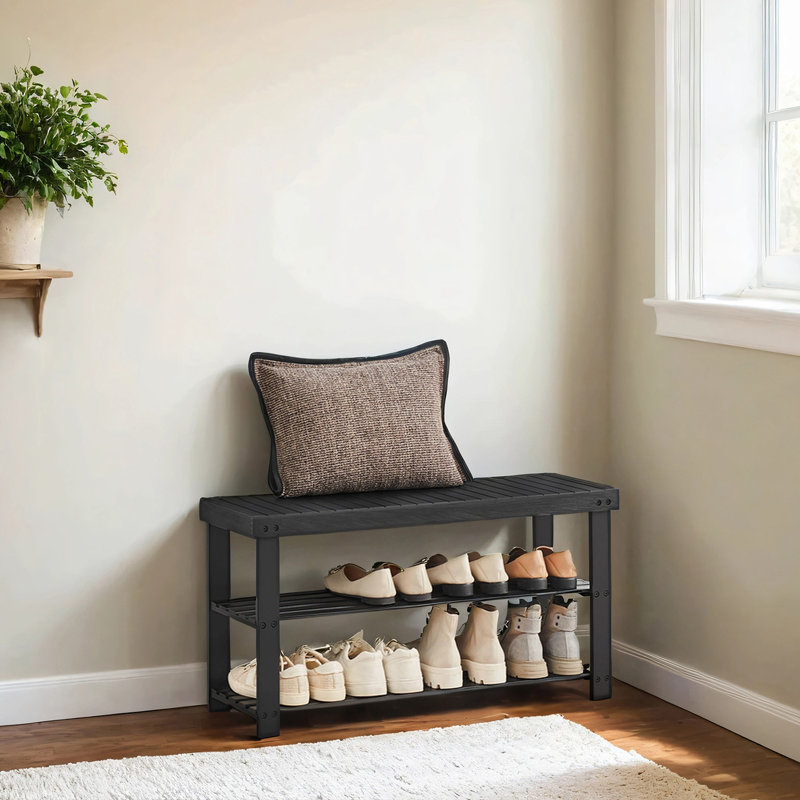 8 Pair Shoe Storage Bench, 3-Tier Bamboo Shoe Rack Bench, Ink Black