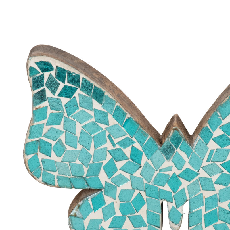 Stylish Butterfly Figurine Crafted from Wood, Glass, and Mango Wood with Intricate Mosaic Design for Elegant Decorative Accent