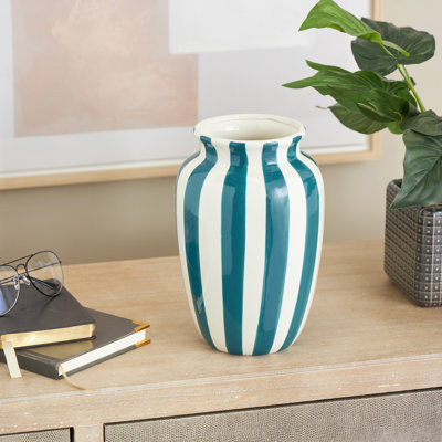 Cole And Grey Ceramic Round Wide Decorative Vase With Teal Vertical Stripes