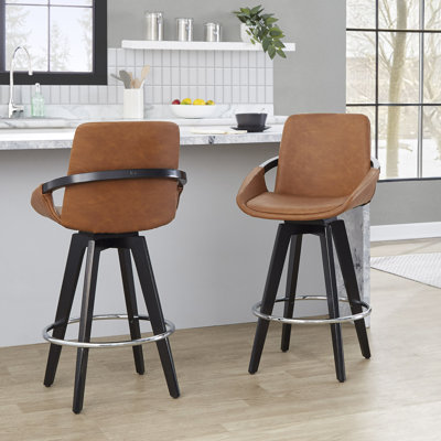 Whitacre 26" Fixed-Height Camel Faux Leather Counter Stools with Black Wood Legs & Round Footrest
