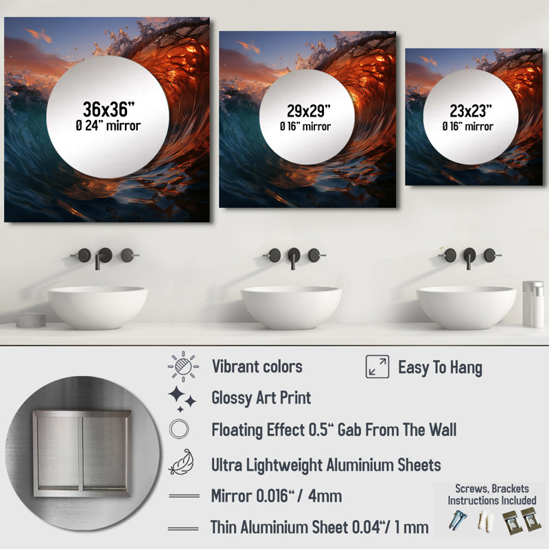Sunshine Through The Breaking Waves II - Miroir carré pour décoration murale Coastal Waves, 29 po x 29 po