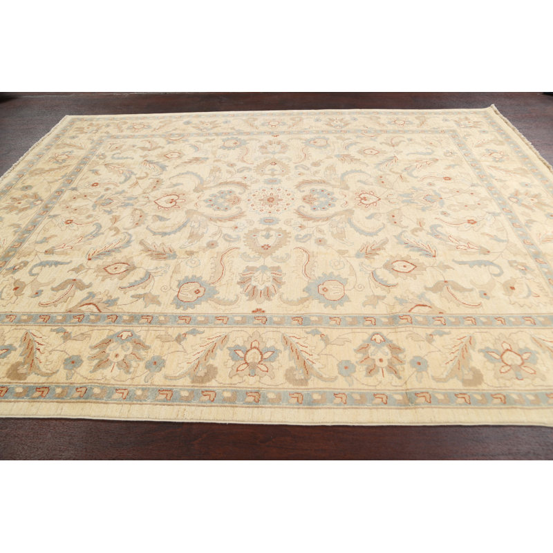 Tapis beige / bleu en laine noué à la main de conception unique 7 pi 10 po x 9 pi 11 po New Age