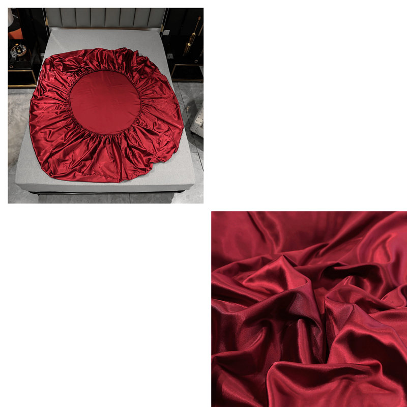 Satin Fitted Sheet, Red, Queen Fitted Sheet with 2 Pillowcases