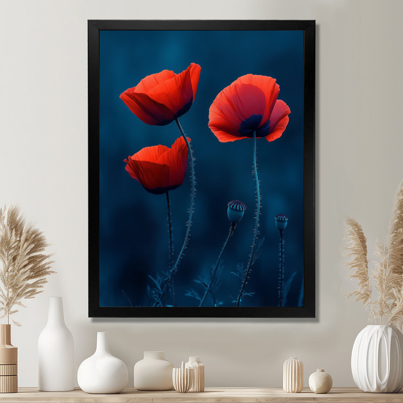 Coquelicots des prés rouges Deepmoody II - Tableau encadré, H 20 po x l 12 po, Black Picture Framed