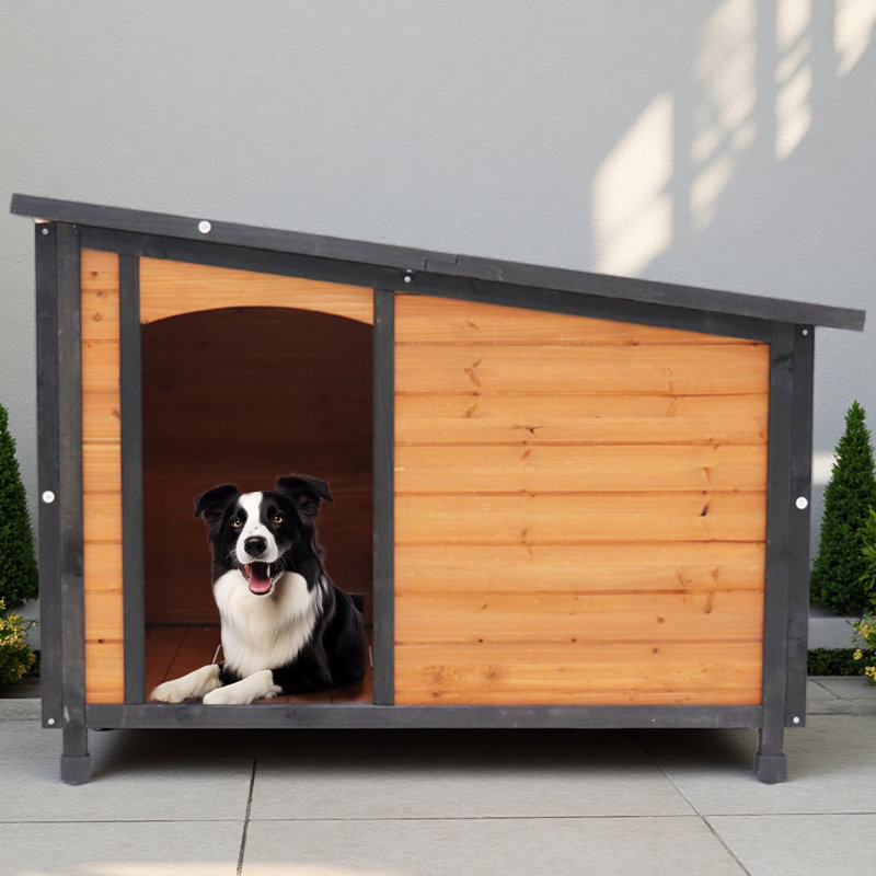 46"Dog House Outdoor & Indoor Wooden Dog Kennel For Winter With Raised Feet Weatherproof For Large Dogs
