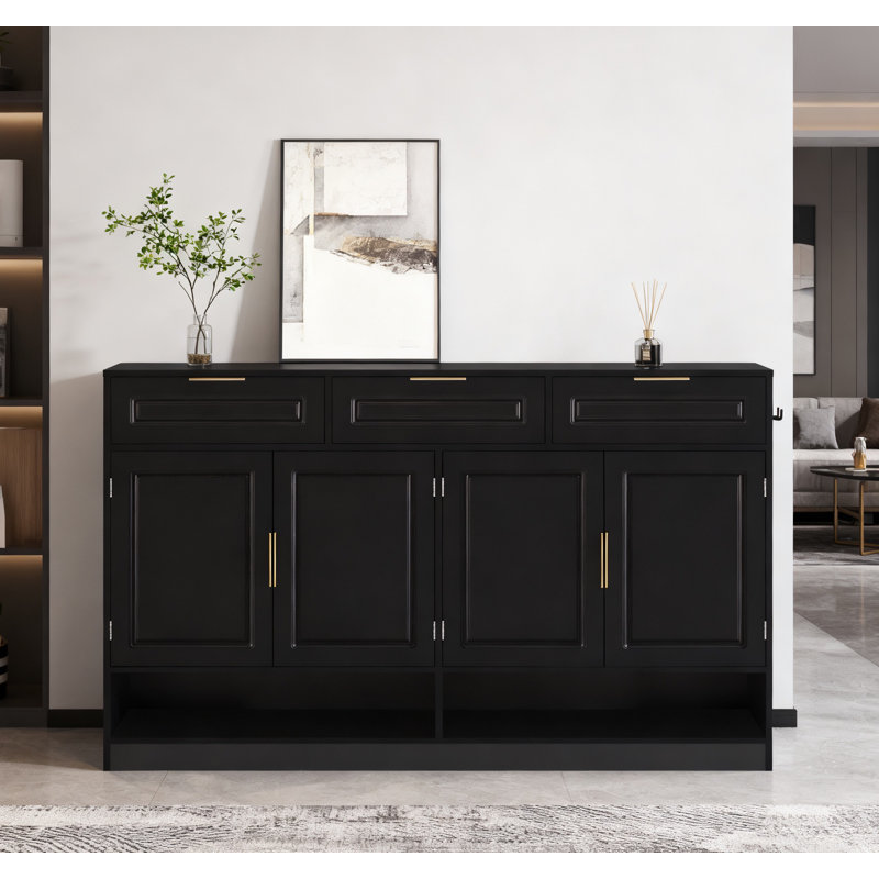 Farmhouse Sideboard With 3 Drawers & 4 Doors,59.1" Multi-Functional Storage Buffet With Adjustable Shelf And Open Storage Compartments, Suitable For Dining Room, Living Room, Entryway,Black