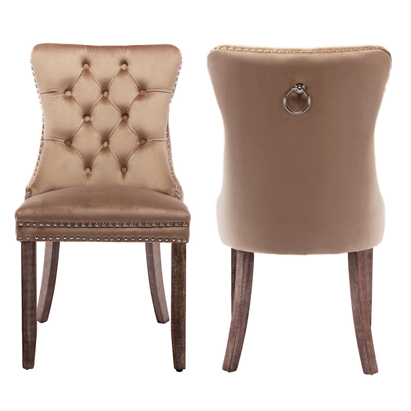Tufted Velvet Wing Back Side Dining Chairs, Brown, Khaki