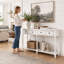 Table de canapé rétro avec tiroirs de rangement - mobilier d'entrée rustique, pieds fuselés, design élégant-1040389868