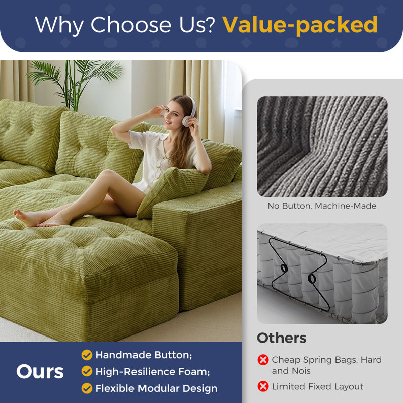 104"Cloud Modular Sectional Sofa,No Assembly Required Boneless Couch, Green Corduroy