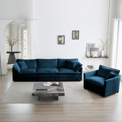Ensemble de canapé modulaire 3 pièces, ensemble de canapés modulaires de salon, canapé à assise profonde pour salon, 1 + 3 places bleu