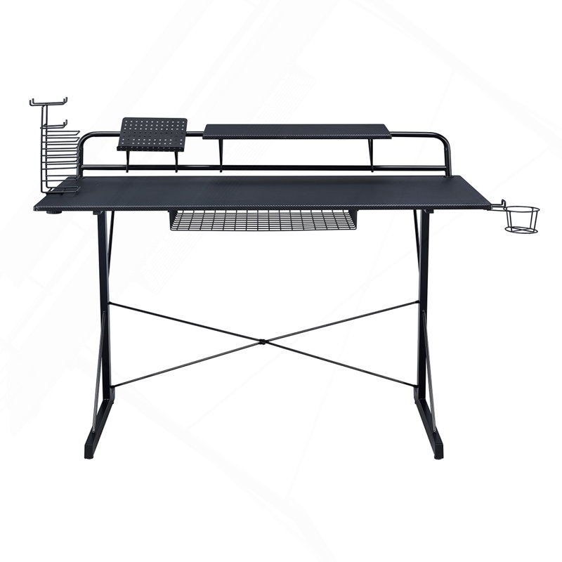 Techni Sport TS-200 Carbon Computer Gaming Desk With Shelving, Black, Black/Black