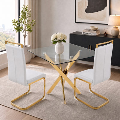 Modern Square Glass Dining Set with Geometric Frame and Cantilever Chairs