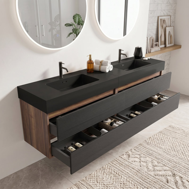 Meuble-lavabo flottant mural 72 po brun moderne avec lavabo à surface solide noir mat d'ingénierie, tiroirs souples (36 po * 2)