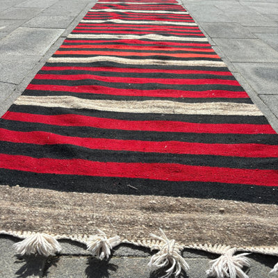 Vintage Striped Turkish Kilim Runner Rug in Red - Antique Wool Hallway Decor Piece