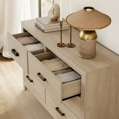 Commode 6 tiroirs pour la chambre à coucher, commode double en bois de 53 po de large avec grands tiroirs, commode rustique de style campagnard, rangement en chêne pour le salon,