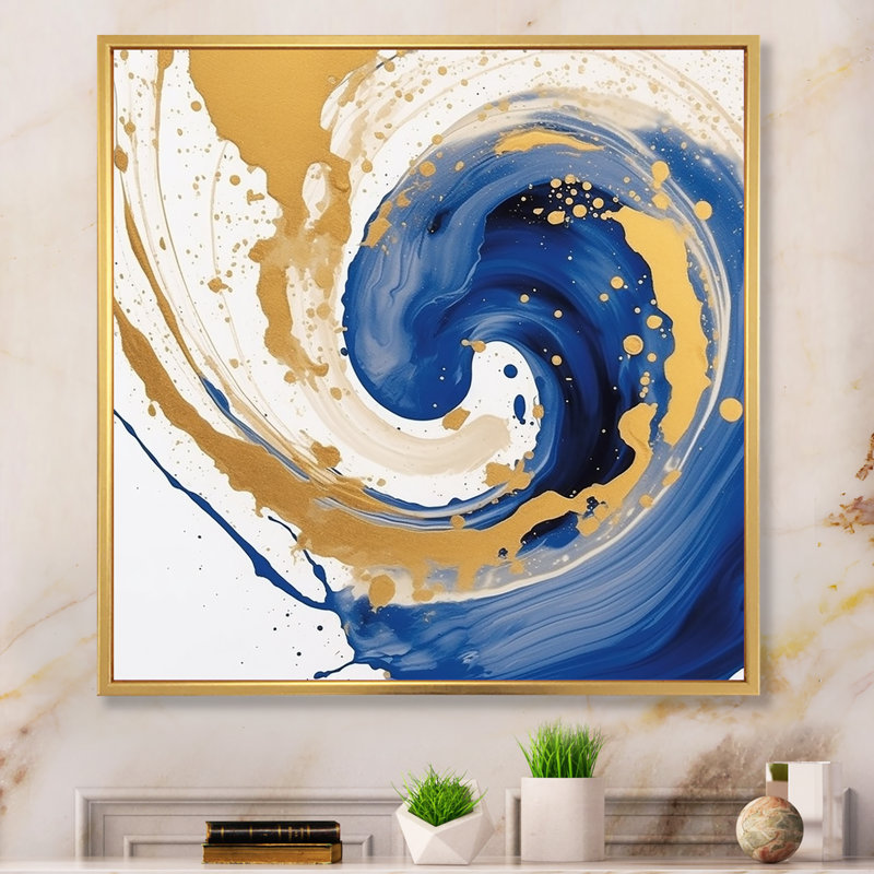 Bleu foncé et spirale dorée III - impression, H 24 po x l 24 po x P 1 po, Cadre flottant doré