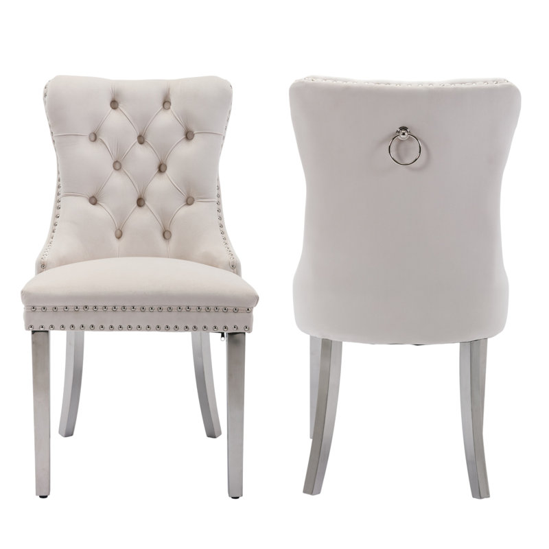 Tufted Velvet Wing Back Side Dining Chairs, Beige, Brushed Nickel
