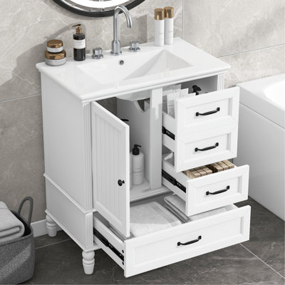 Meuble-lavabo de style rétro de 30 pouces avec lavabo en céramique, charnières en métal et beaucoup d'espace de rangement Poignées rétro, tiroirs