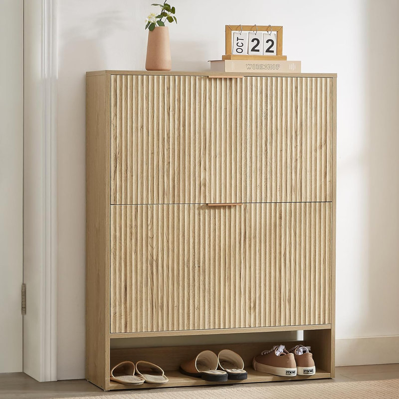 31.5''w Walnut Slim Shoe Cabinet, Fluted Hidden Shoe Storage Cabinet With 2 Flip Drawers, Brown