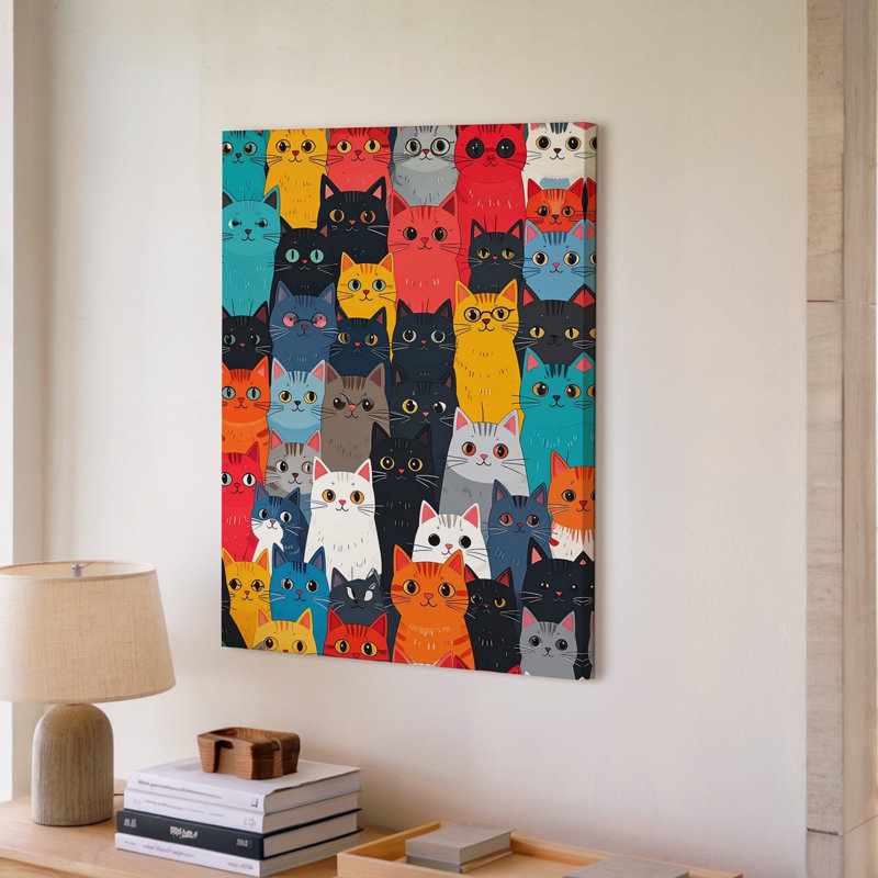 Toile, chat coloré, foule, motif moderne audacieux, illustration, joie, lorsque l'art mural est prêt à être accroché