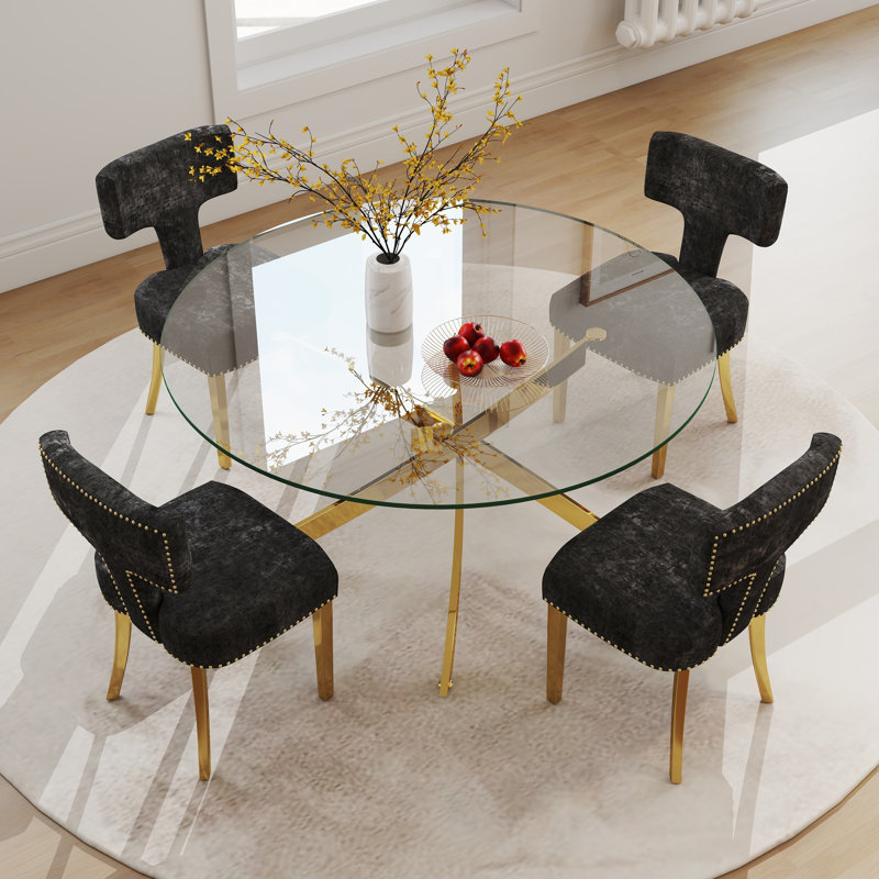 Ensemble de salle à manger à piédestal moderne avec chaise Dininig, 5, Noir, Doré