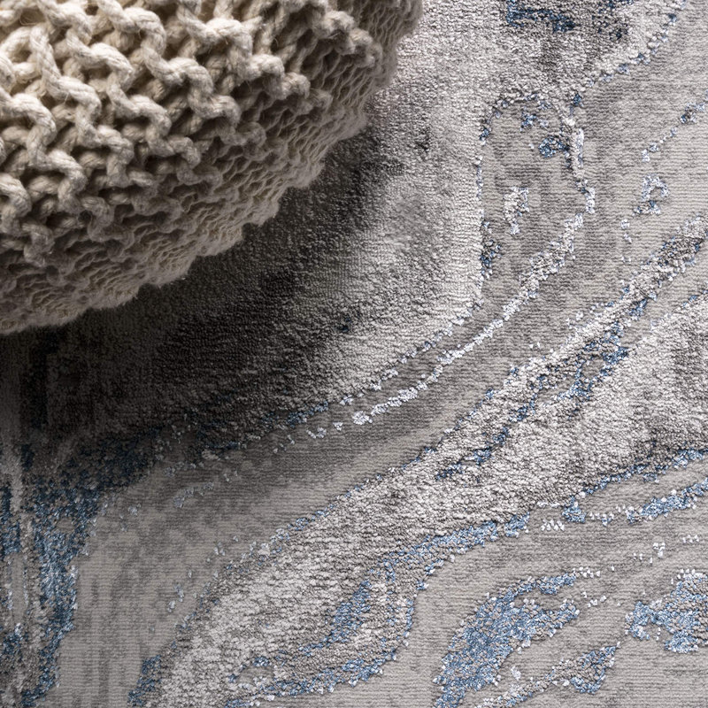 Swirl Marbled Abstract Gray/Blue Rug, Rectangle 4' x 6'