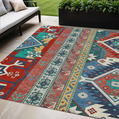 Tapis intérieur lavable d'extérieur 5 pi x 8 pi rose et bleu sarcelle Aztec