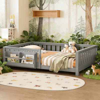 Floor Bed, Wood Floor Bed With Safety Guardrails, Built-In Bookshel And Slat Support, Low Platform Bed, No Box Spring Needed, Ideal For Bedroom (Twin/Full/Queen)