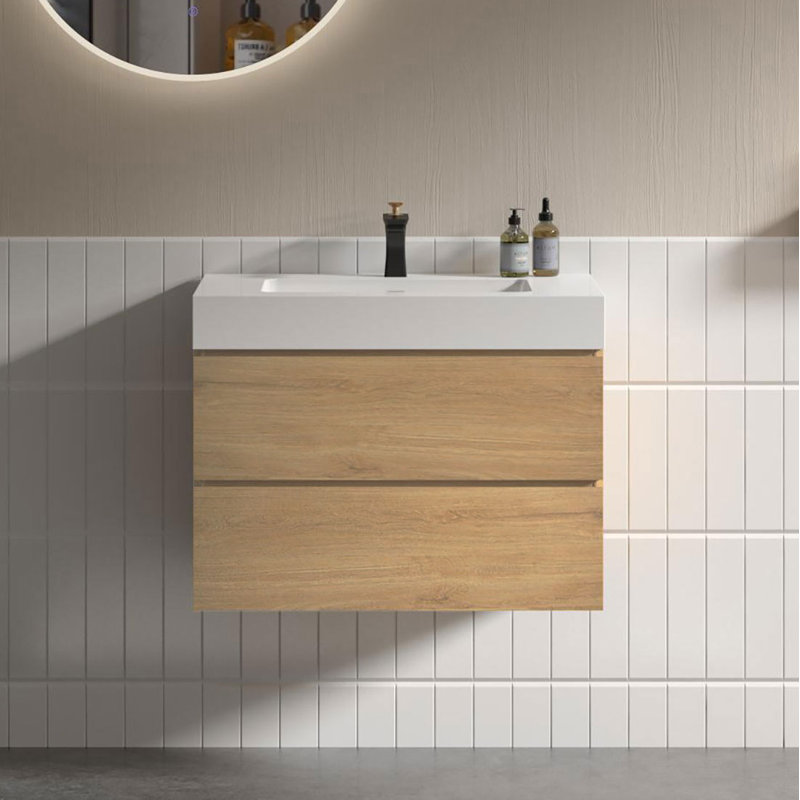 30 Inch Wall-Mounted Single Bathroom Vanity with Solid Surface Top with Overflow, Pre-Assembled, Natural Oak, 30", White