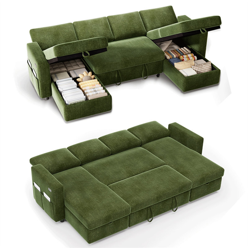 105" Pull Out Sofa Bed Sectional Sleeper Sofa With Storage,Pullout Modular Sectional Couches For Living Room, U Shaped Convertible Couch Bed For Apartment