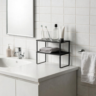 Black Wood Grain Double-Layer Metal Shelf, Stackable And Adjustable, For Storing Condiments And Tableware On The Kitchen Countertop.