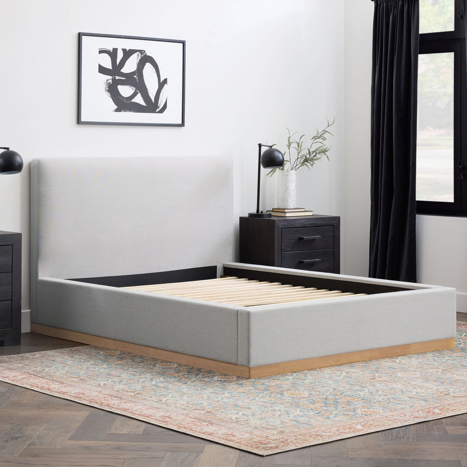 Delpha Grounded Upholstered Wood Base Bed, Queen, Stone Gray