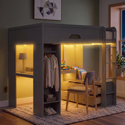 Lit mezzanine en bois massif (taille standard) avec bureau en L, armoire, meuble de rangement, éclairage DEL et port USB, gris