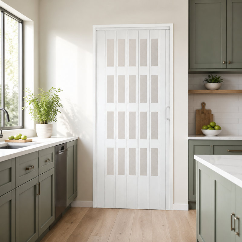 36" x 80" White Double-Layer 3-Lite PVC Interior Accordion Folding Door with Hardware Kit, 36" x 80"