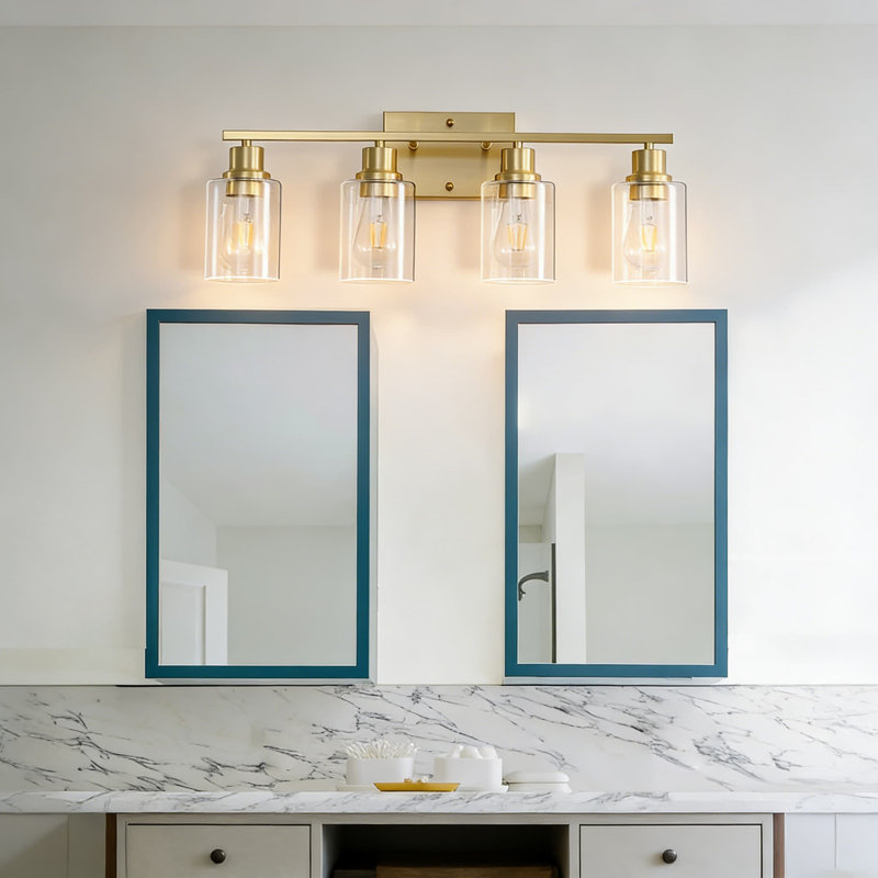 Brushed Gold Vanity Lights For Bathroom, 4-Light Wall Sconce Fixture With Clear Glass Shades, Modern Farmhouse Brass Lighting For Mirror, Living Room, Bedroom, And Hallway