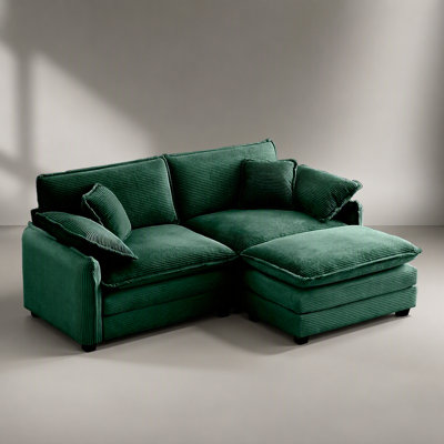 L-Shaped Two-Seater Sofa with Ottoman, Green Corduroy, Perfect for Small Living Spaces and Retro Style