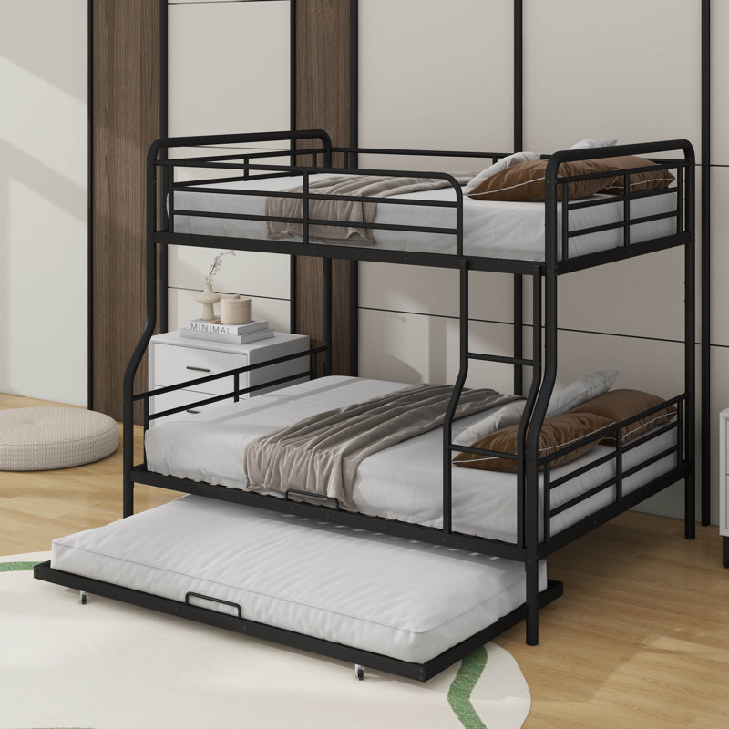 Full XL Over Queen Metal Bunk Bed With Trundle, Noir