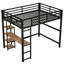 Lit mezzanine double noir avec bureau intégré et tablettes - Structure en métal pour une structure de rangement durable