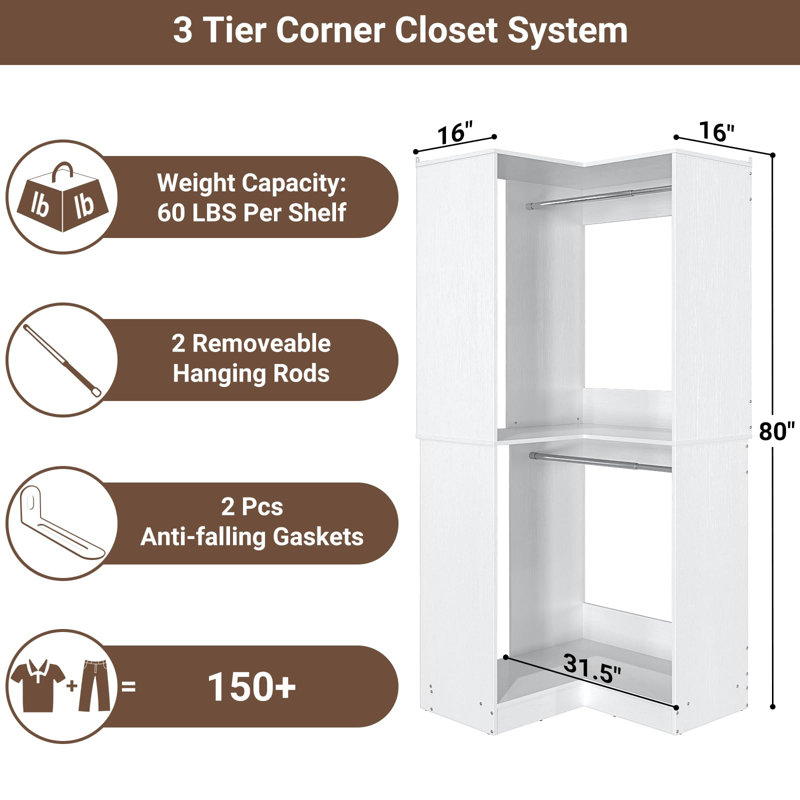 32'' W Corner Closet System with Hanging Rod, White