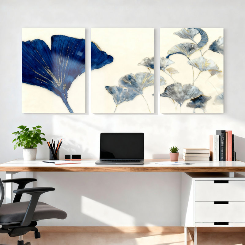 Ensemble de 3 tableaux abstraits sur toile tendue représentant des feuilles de ginkgo bleu, pour la décoration du salon, de la chambre et de la maison.