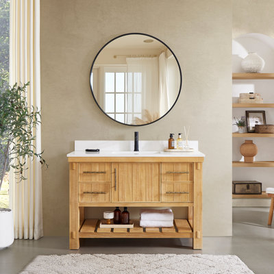 Meuble-lavabo simple 48 po Wiegers en gris classique acacia avec plateau en pierre de quartz blanc pur