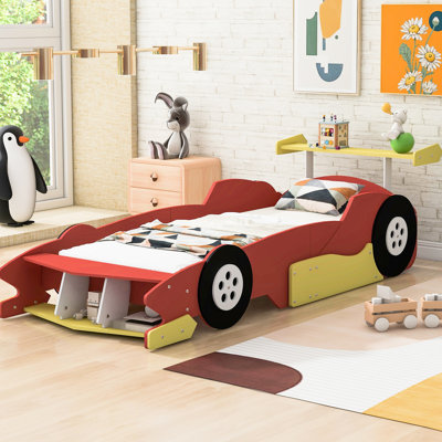 Lit plateforme simple pour voiture de course rouge avec roulettes, contreplaqué de haute qualité et rails latéraux pour une expérience de sommeil confortable, taille 98,7 po x 41,7 po 26,5 po, matériel d'assemblage requis, support, rails,